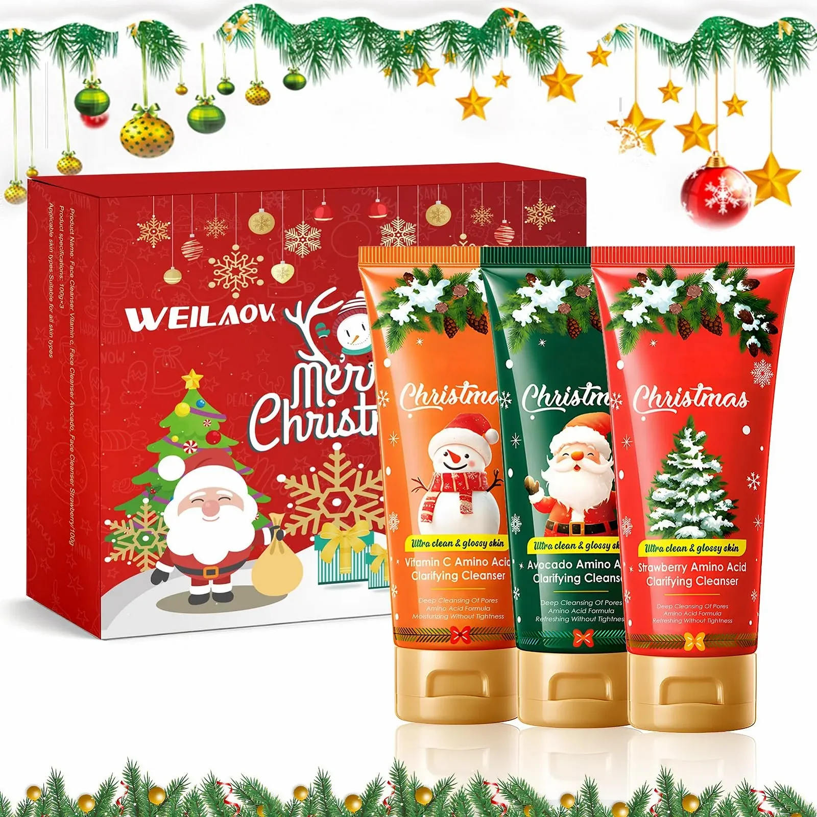 Очищающее средство для лица Рождество Набор для умывания для женщин Рождественские подарки для женщин Очищающее средство для лица Рождественский подарок для мамы Девушки Коллег Мягкое очищение Витамин С Авокадо Клубника Набор из 3 штук, фото №1