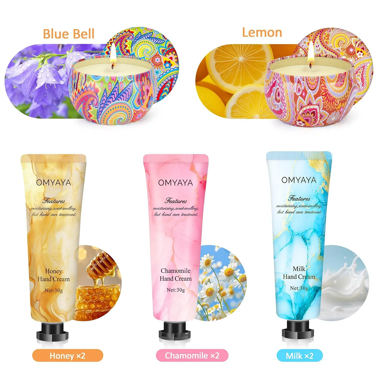 Крем для рук, подарочный набор для женщин, рождественский подарочный набор, рождественские подарки для мамы, подруги и сестры, включает 2 ароматические свечи для снятия стресса, 6 кремов для рук для ухода за руками, фото №4