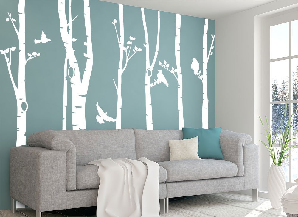 Наклейка на стену Grandora W5187 Березовый ствол Птицы XXL 267 x 250 см Белая, фото №3