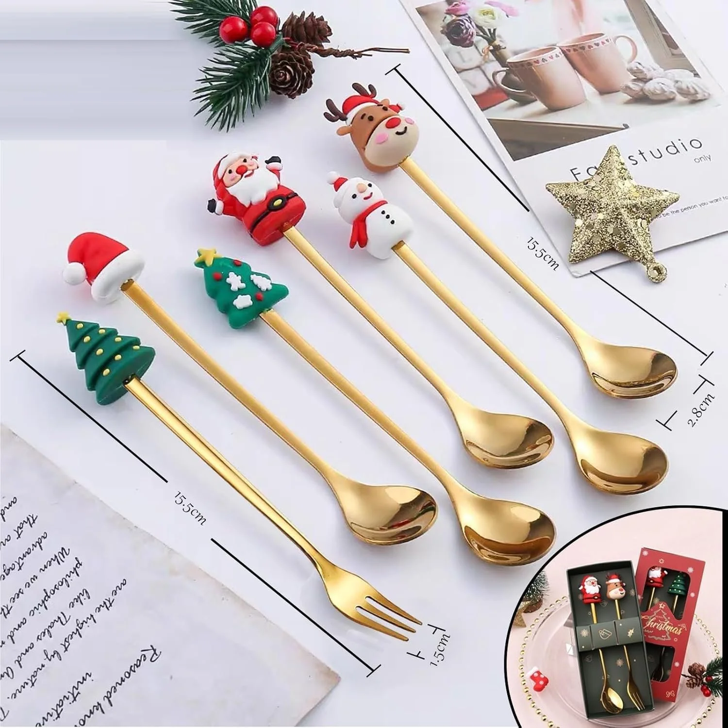 Набір Різдвяних Ложок та Виделок Gold, 2 шт, Нержавіюча Сталь, фото №5