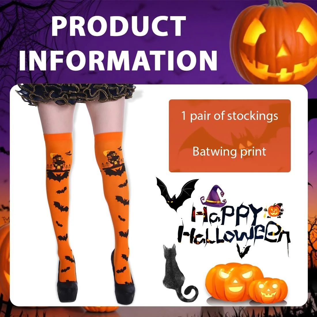 Женские гольфы Bat Pattern, 1 пара, шелковистые, из нейлона, оранжевые, фото №2