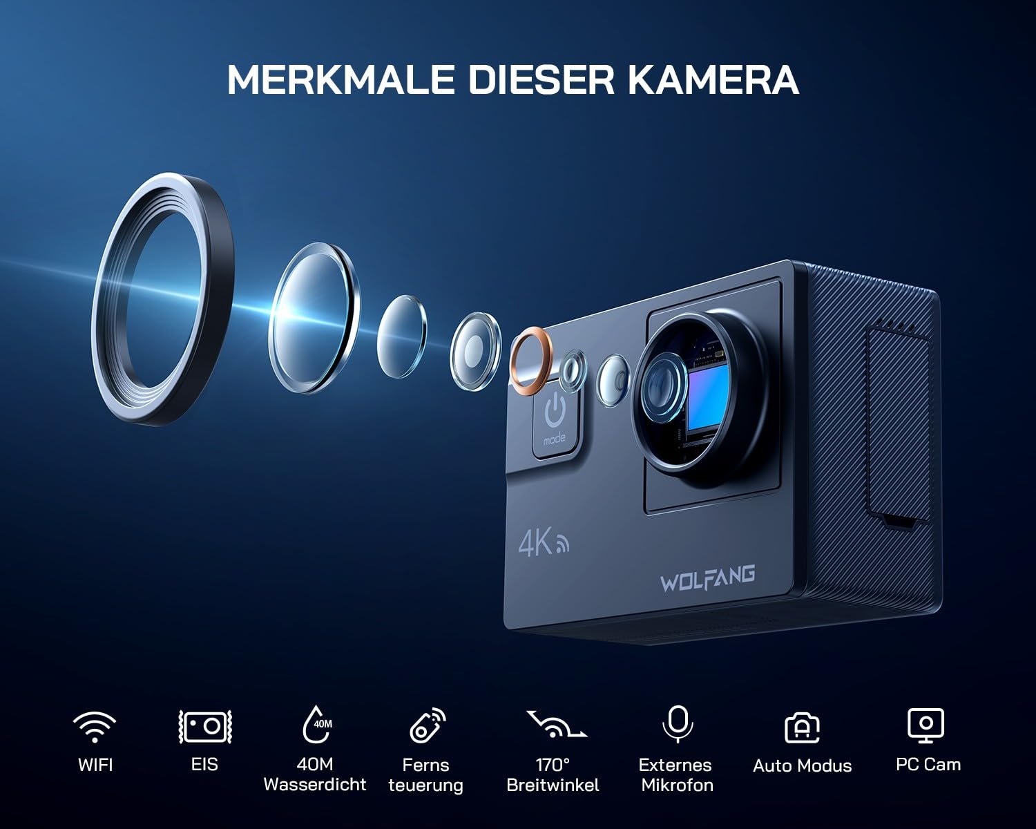 Екшн-камера WOLFANG GA300 4K 60FPS, 24 МП, підводна камера, WiFi, водонепроникна до 40 м, стабілізатор зображення 2.0 ICE, сенсорний екран, камера для шолома, 8-кратний зум (зовнішній мікрофон, 2 x 1350 мАг батареї та набір аксесуарів), фото №3