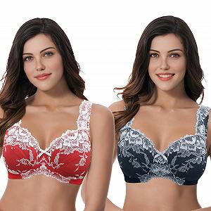 Мереживний бюстгальтер Curve Muse Plus Size Без підкладки, без кісточок, 75D 2 шт. Чорний, червоний - Фото 1
