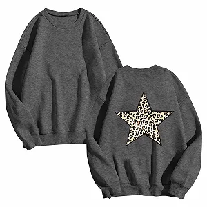 Женский свитшот Куртка-пиджак tsaChick Леопардовый принт Звезда на спине Длинный рукав Круглый вырез Свободный верх Свитшот для бега Женский фитнес-свитер Женское зимнее платье - Фото 1