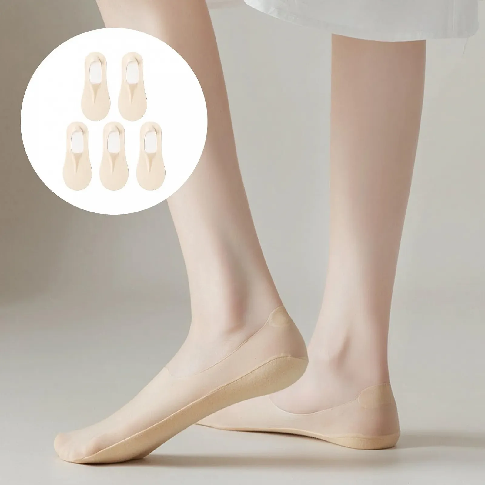 Набор из 5 пар женских носков-балеток, невидимые носки, женские носки размера 35-38, балетки, шелковые чулки, женские нескользящие полуноски, из ледяного шелка, хлопковые, нескользящие, тонкие, невидимые, низкие, телесного цвета, фото №6