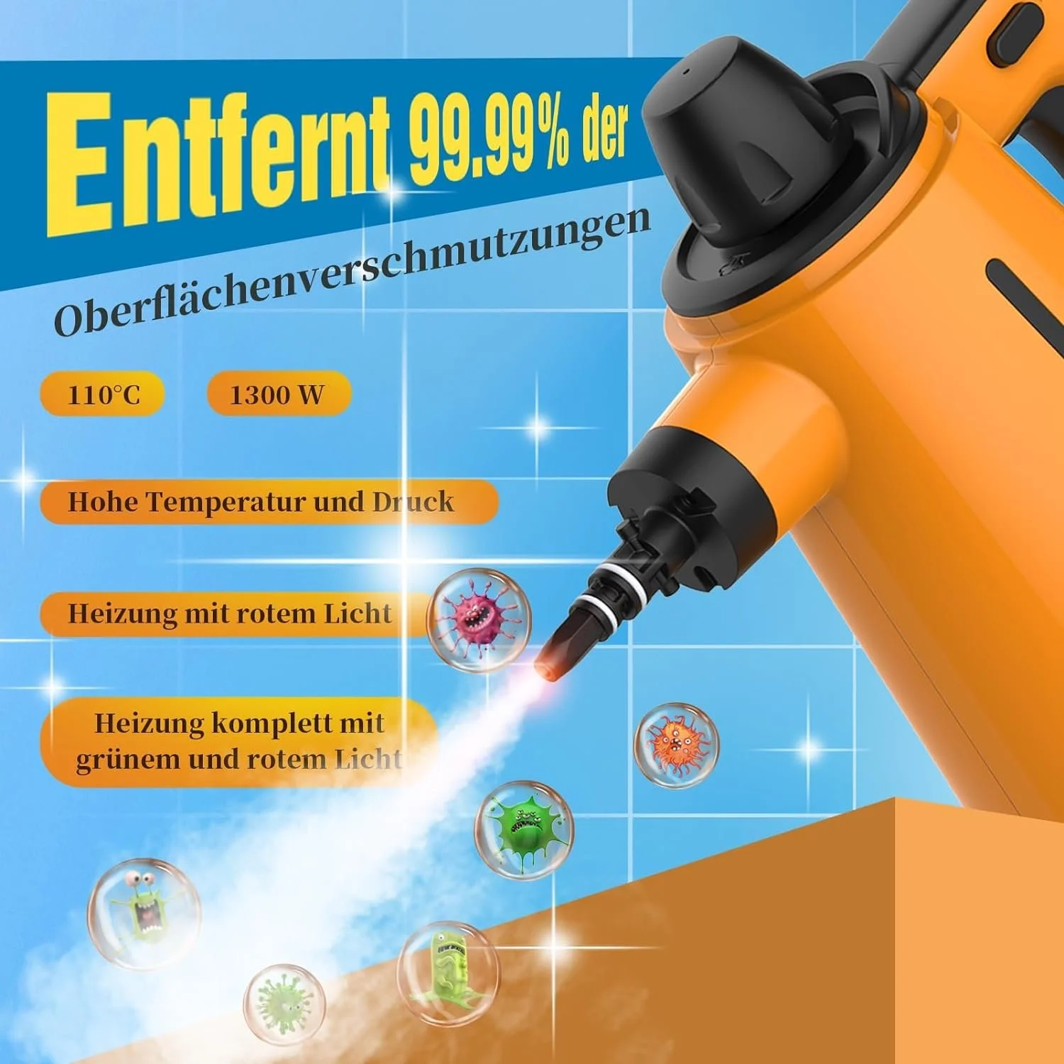 Пароочисник для підлоги, 1050 Вт Багатоцільовий, ручний пристрій, 10 насадок, 3.5 бар, високий тиск, без хімікатів, фото №2