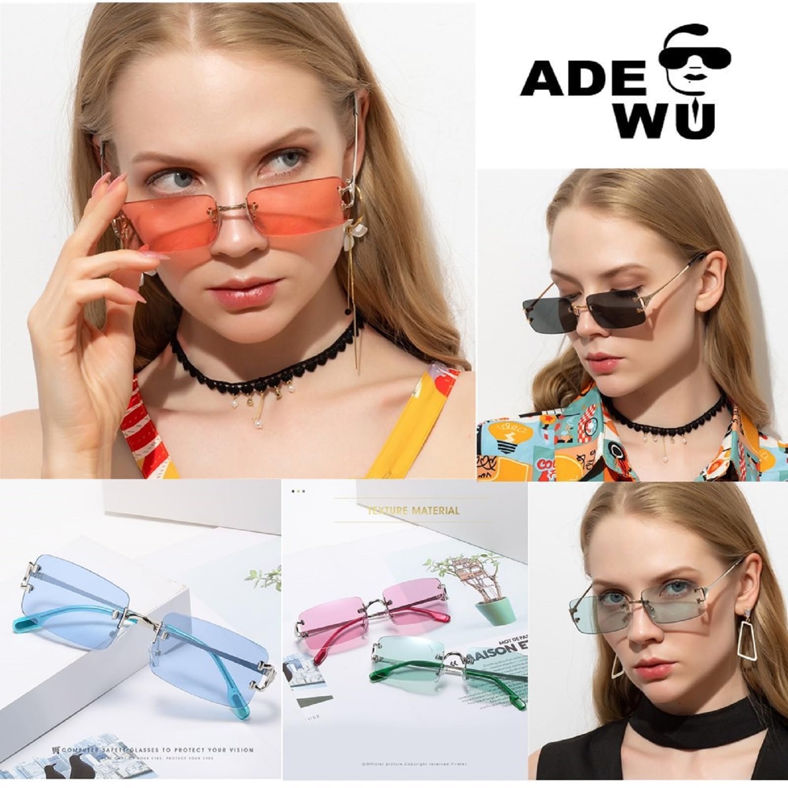 Сонцезахисні окуляри ADEWU без оправи, вінтажні, вузькі, маленькі прямокутні, металеві, фото №6 Сонцезахисні окуляри ADEWU без оправи, вінтажні, вузькі, маленькі прямокутні, металеві, фото №6