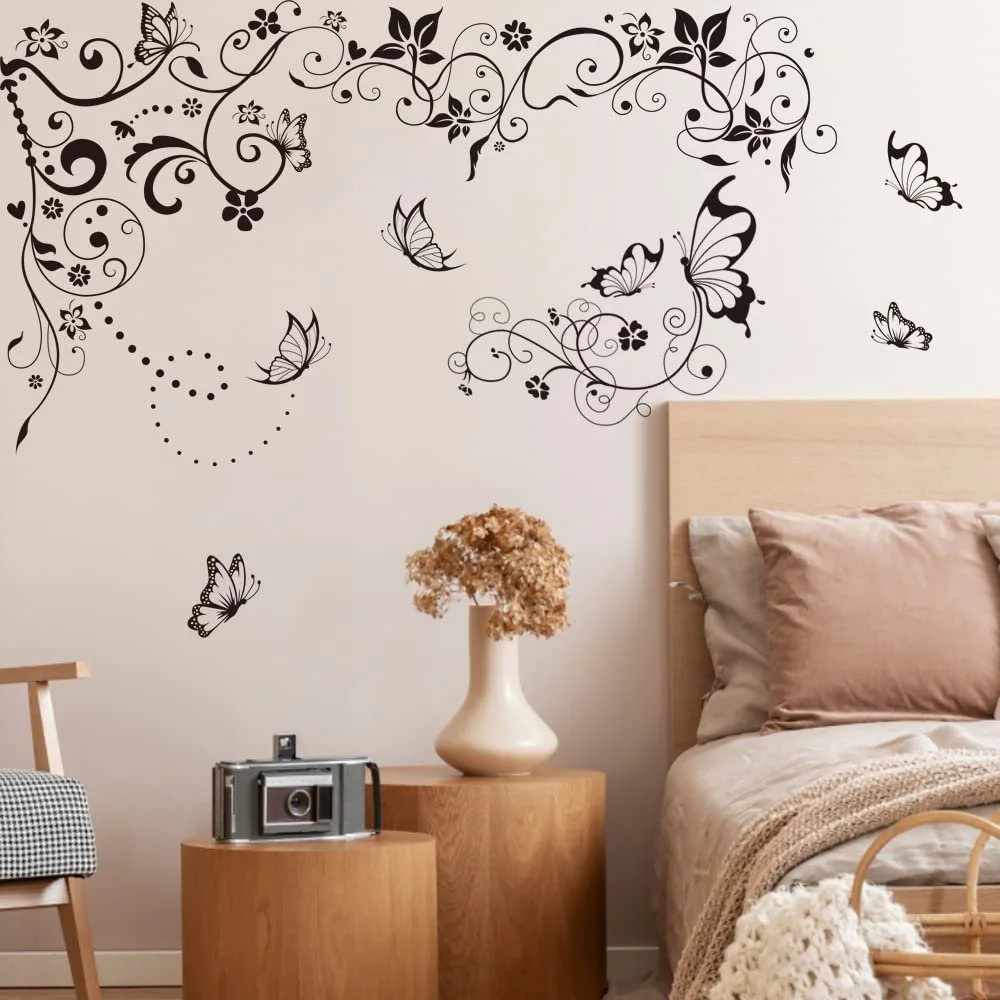 Наклейка на стіну Runtoo Flower Tendril Hanging Vine Butterfly Чорний, фото №3