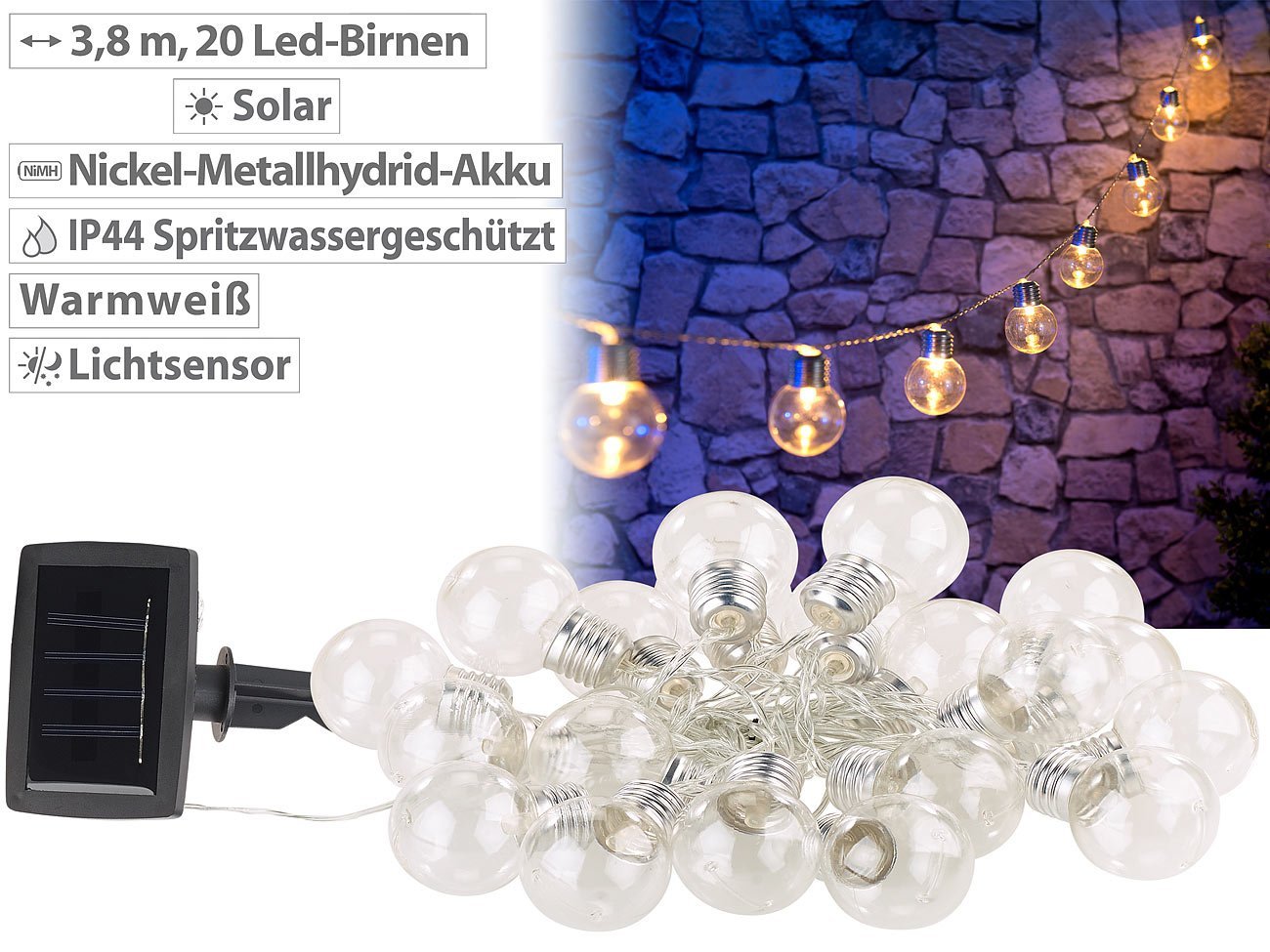 Солнечная Гирлянда Lunartec LED 20 LED 3.8 метра IP44 Теплый Белый, фото №3