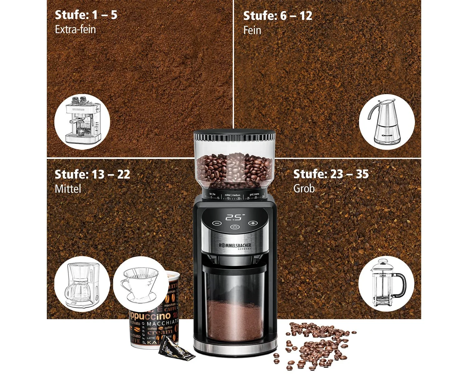 Кофемолка ROMMELSBACHER EKM 400, антистатическая функция, 12 порций, держатель для портафильтра, 35 уровней помола, контейнер для зерен 220 г, контейнер для порошка, 130 Вт, серебристый, фото №7 Кофемолка ROMMELSBACHER EKM 400, антистатическая функция, 12 порций, держатель для портафильтра, 35 уровней помола, контейнер для зерен 220 г, контейнер для порошка, 130 Вт, серебристый, фото №7