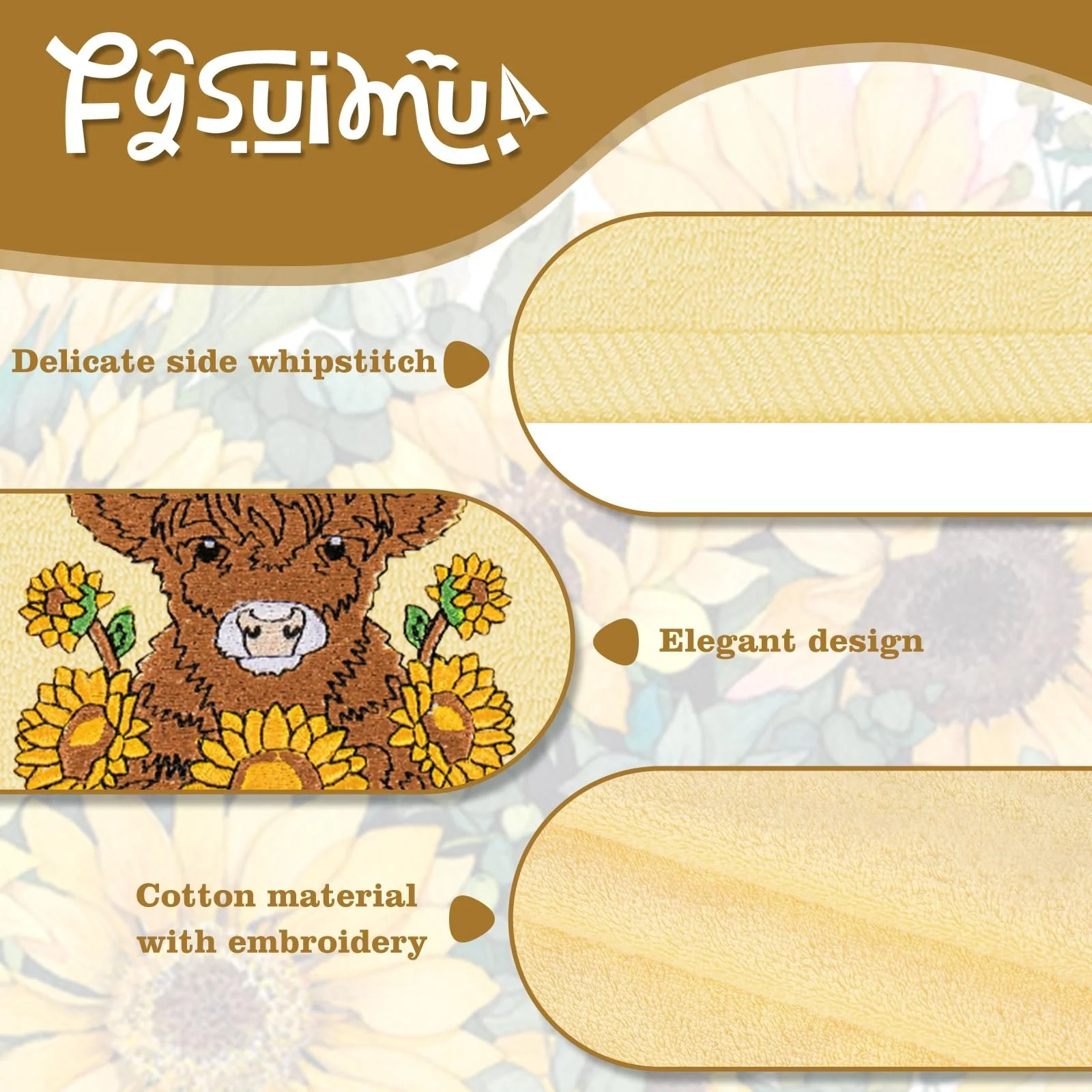 Набір рушників Highland Cow Sunflower 3 шт. бавовняні з вишивкою 75x34 см, фото №3