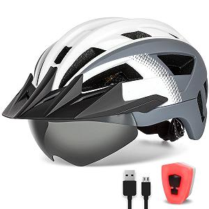 Шлем FUNWICT M/L/XL, с козырьком, с магнитными очками, со светодиодным фонарем с USB зарядкой, белый с черным - Фото 1
