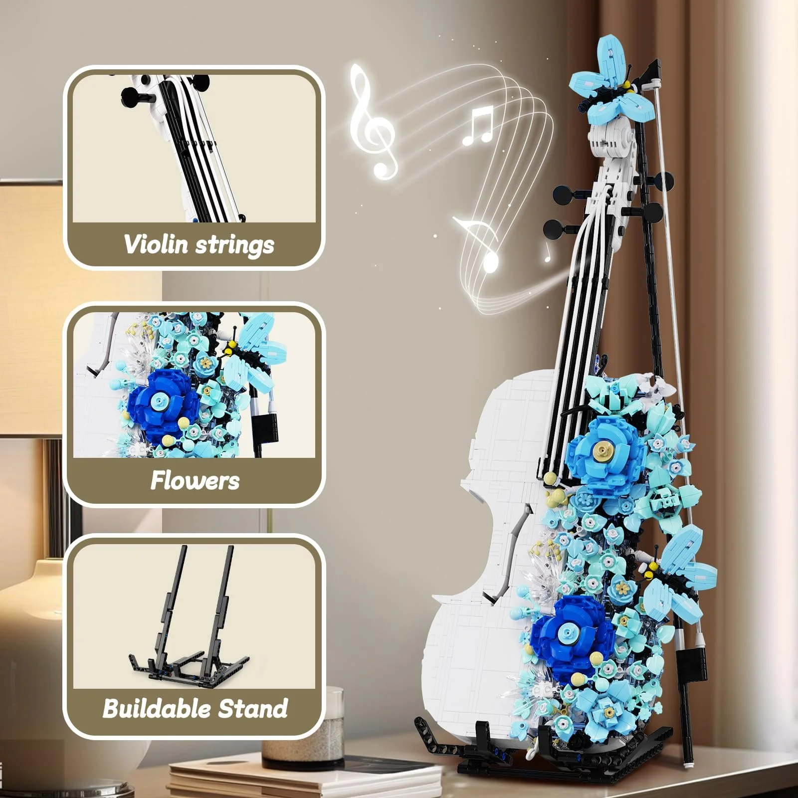 Конструктор Скрипка з Квітами QLT Модель Скрипки Синій та Білий 1419 деталей, фото №2