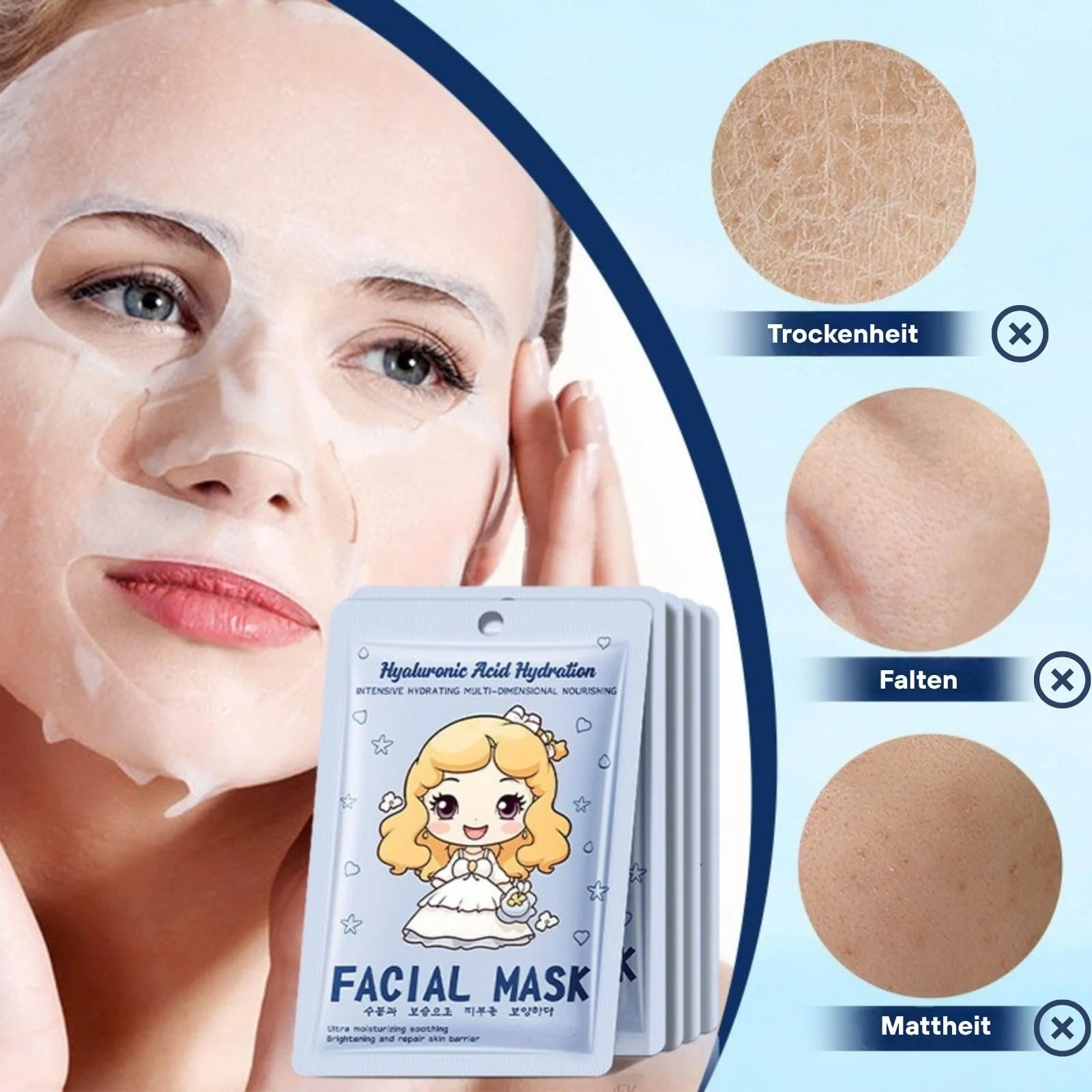 Тканинна маска для обличчя Набір 6 шт. Niacinamide, Hyaluronic Acid, Collagen, зволожуюча, фото №3