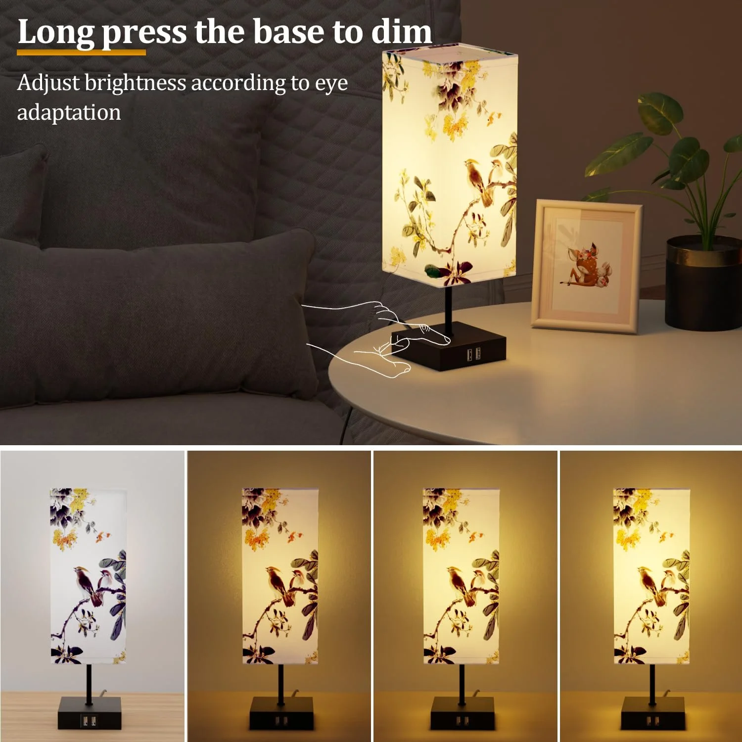 Настольная лампа прикроватная 2 шт тканевый плафон Птица диммер 3 температуры 2 USB порта, фото №3