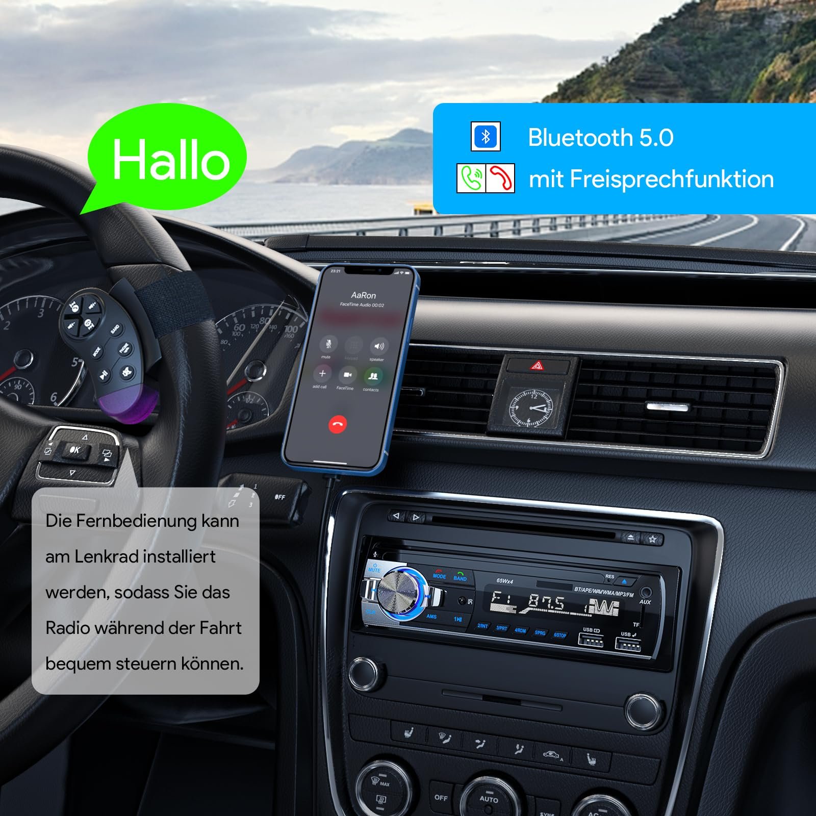 Автомагнітола CENXINY Bluetooth 5.0 RDS 1 DIN 4 x 65 Вт з годинником/пультом дистанційного керування, MP3-плеєр, 2 USB/AUX входи/TF/SD/FM/iOS Android (без CD), фото №3