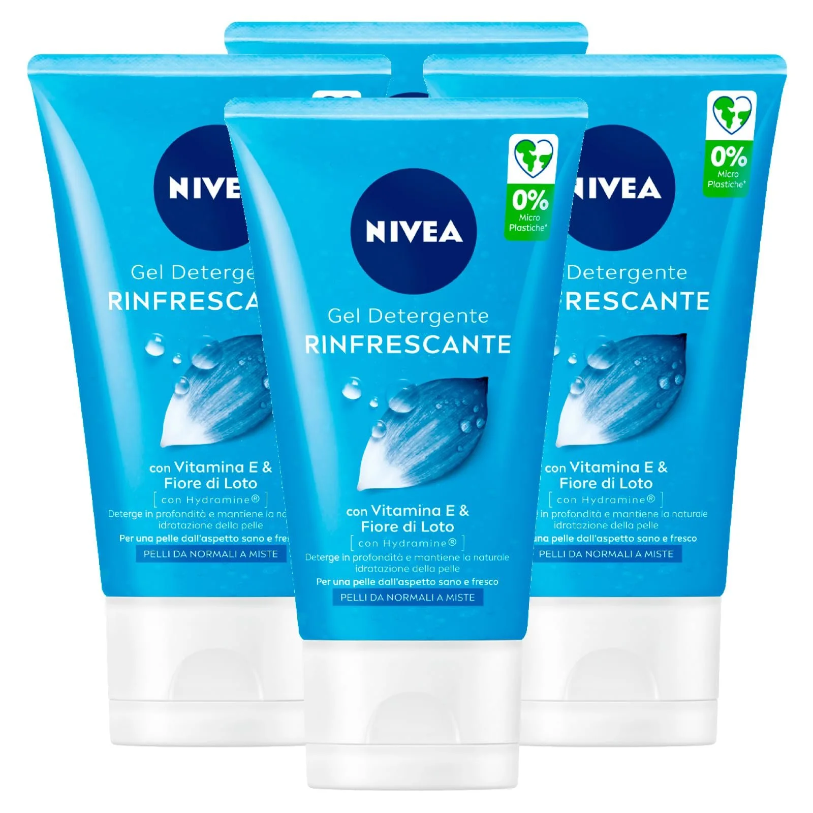 Гель для вмивання Nivea Refreshing для нормальної та комбінованої шкіри з вітаміном Е та Hydra IQ, 4 x 150 мл, фото №1