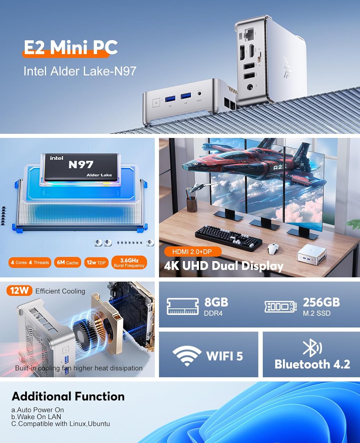 Мини ПК NiPoGi GK3PLUS / Intel Alder Lake-N97/ RAM 8GB / SSD 256GB / 1 x HDMI / 1 х LAN / Wi-Fi 6 / Bluetooth / Windows 11 / Серебристый, фото №3