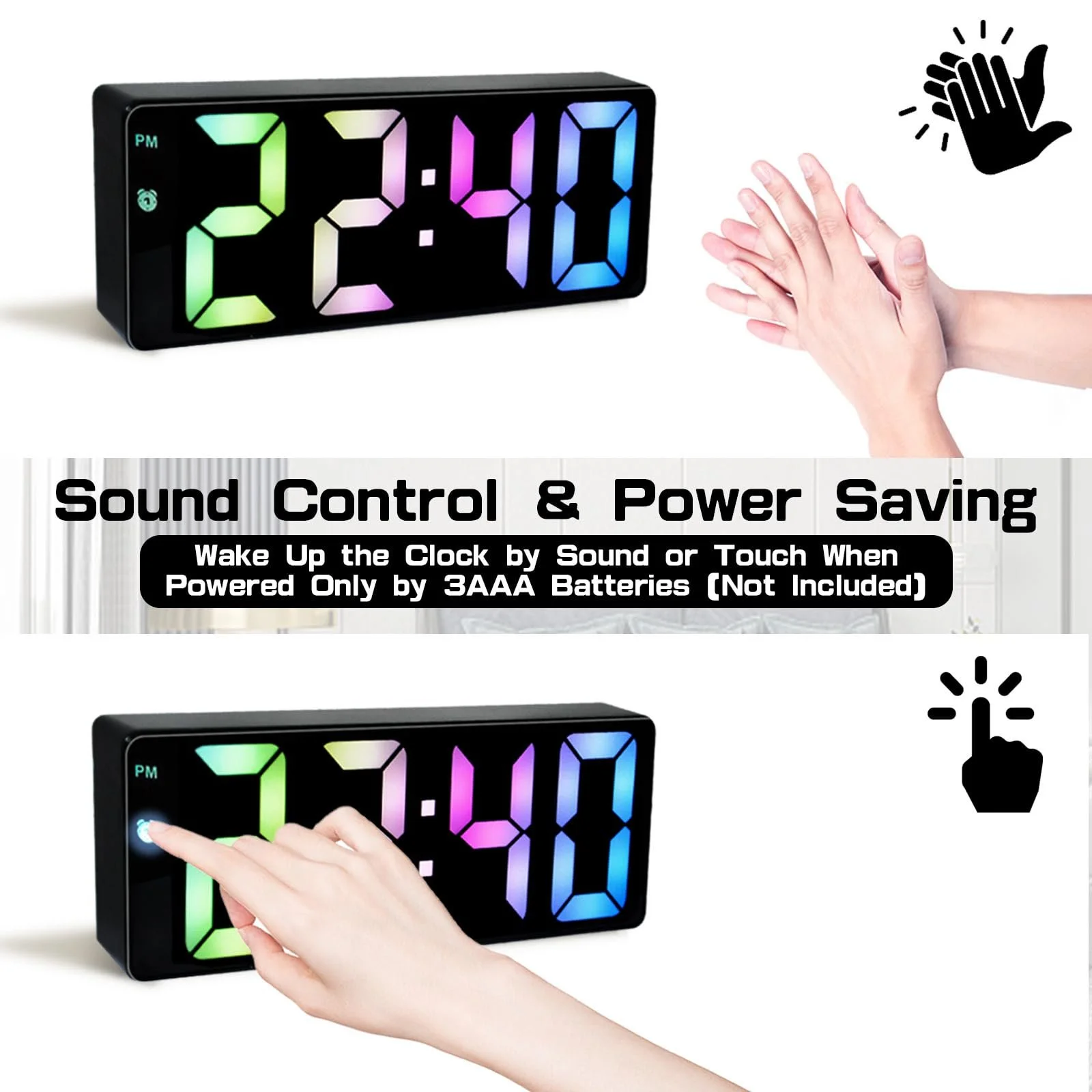 Цифровой Будильник с LED экраном, Цветной, Настольный, USB/Батарейках, Отображение Температуры, Регулируемая Яркость, Голосовое Управление, 12/24 Часовой Формат для Дома, фото №6