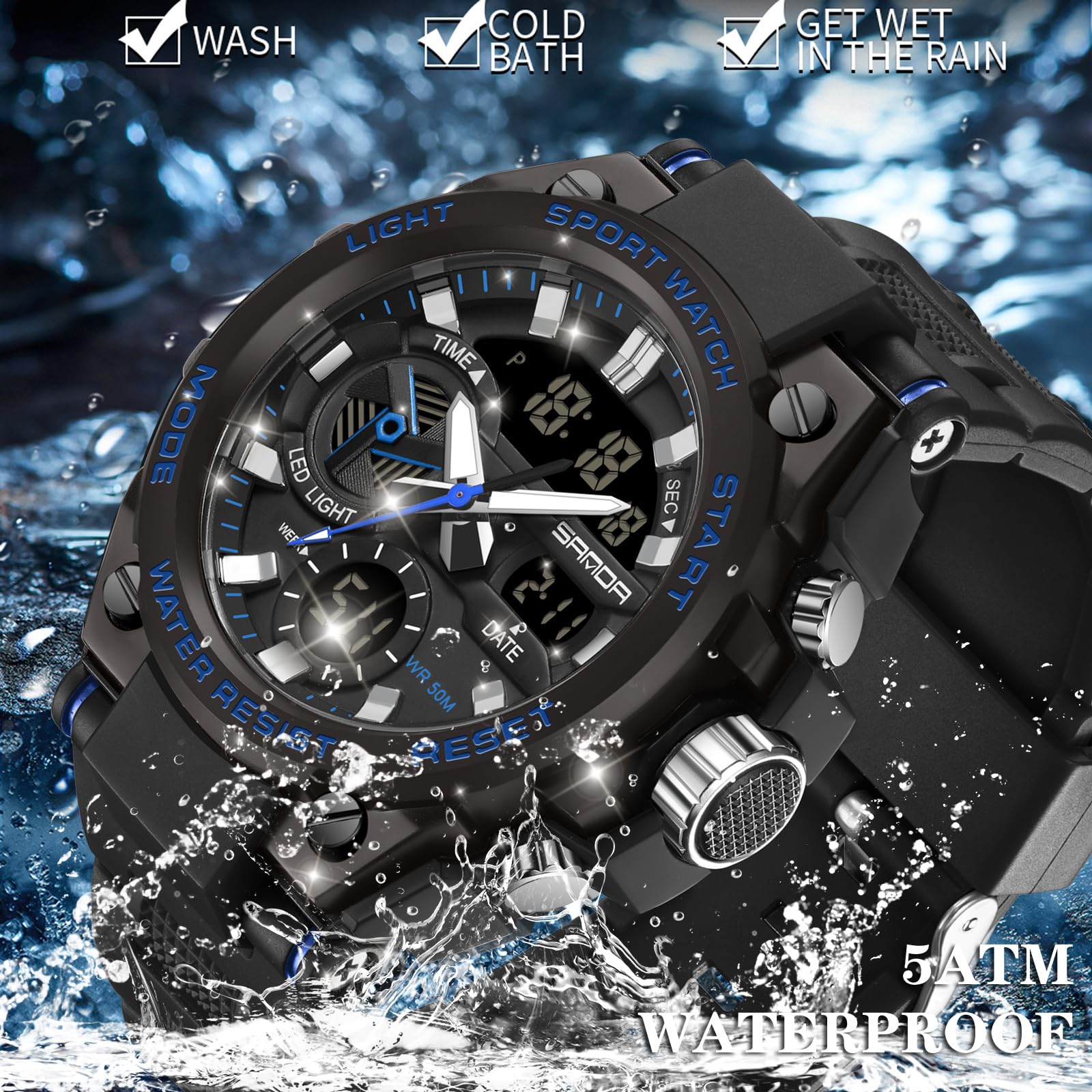 Годинник Findtime Чоловічий Військовий Цифровий Спортивний 5 ATM Водостійкий Синій, фото №4