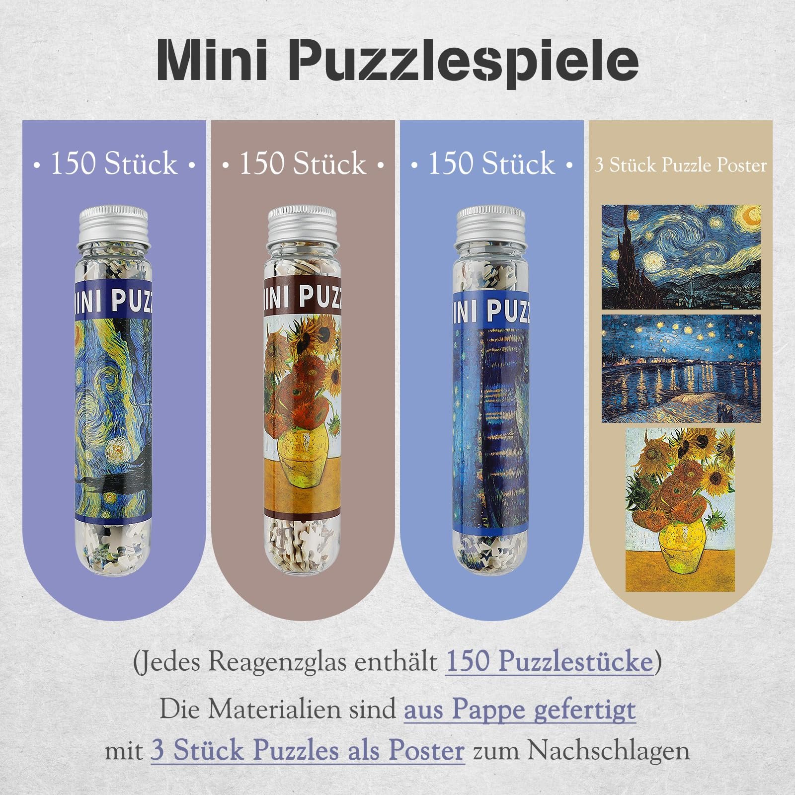 Пазл MISITU Smallest Puzzle Mini Puzzle 150 деталей Ван Гог (Соняшники, Зоряна ніч, Зоряна ніч над Роною) набір 3 шт., фото №3