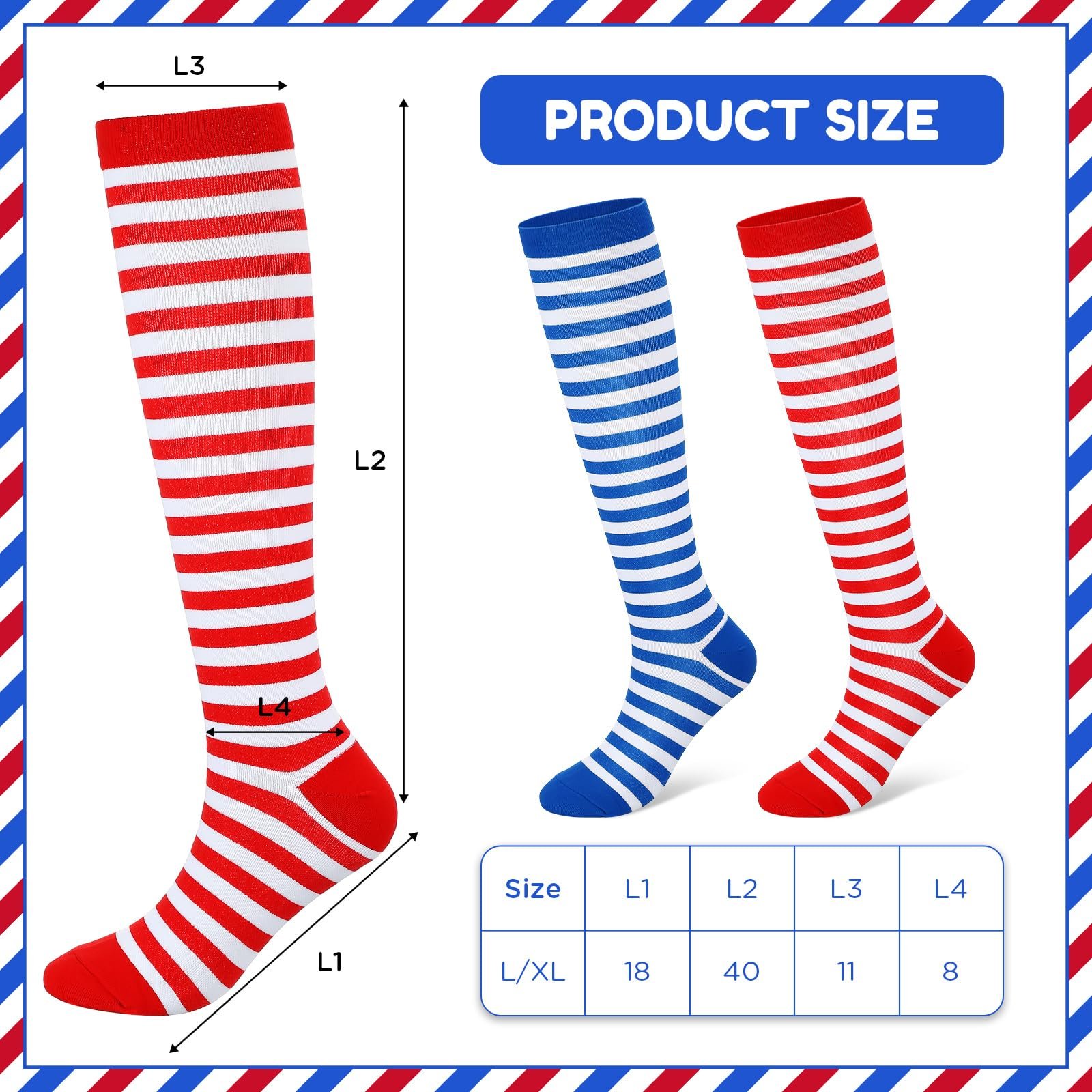 Носки Jadive 2 пары карнавальные выше колена Красный Белый Синий Белый Ретро Полосатые Носки для Женщин и Мужчин, фото №2
