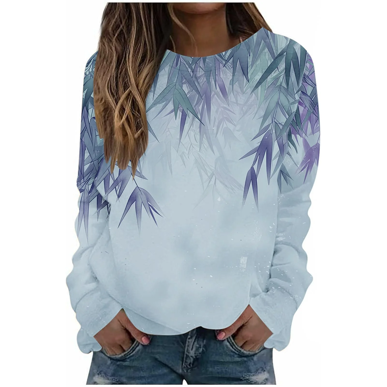 Пуловер Komiseup Однотонный Женский Свитшот Oversized Круглый вырез Длинный рукав Осень Зима Пуловер Элегантный Цветочный принт Лонгшерт Свободный Повседневный Спортивный свитшот для девушек-подростков без капюшона 09, фото №1