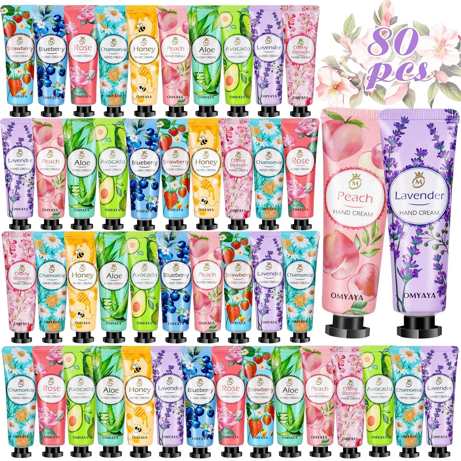 Набір кремів для рук Mini, 80 шт. Авокадо, алое вера, персик, полуниця, чорниця, мед, троянда, грейпфрут, лаванда, ромашка, фото №1