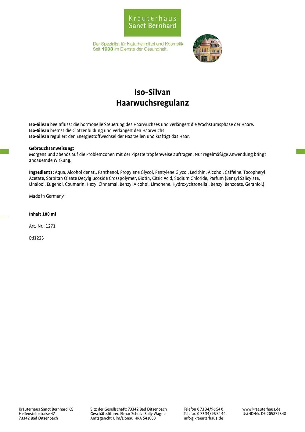 Засіб для росту волосся Sanct Bernhard Iso-Silvan Regulance з ліпосомами 100 мл, фото №2 Засіб для росту волосся Sanct Bernhard Iso-Silvan Regulance з ліпосомами 100 мл, фото №2