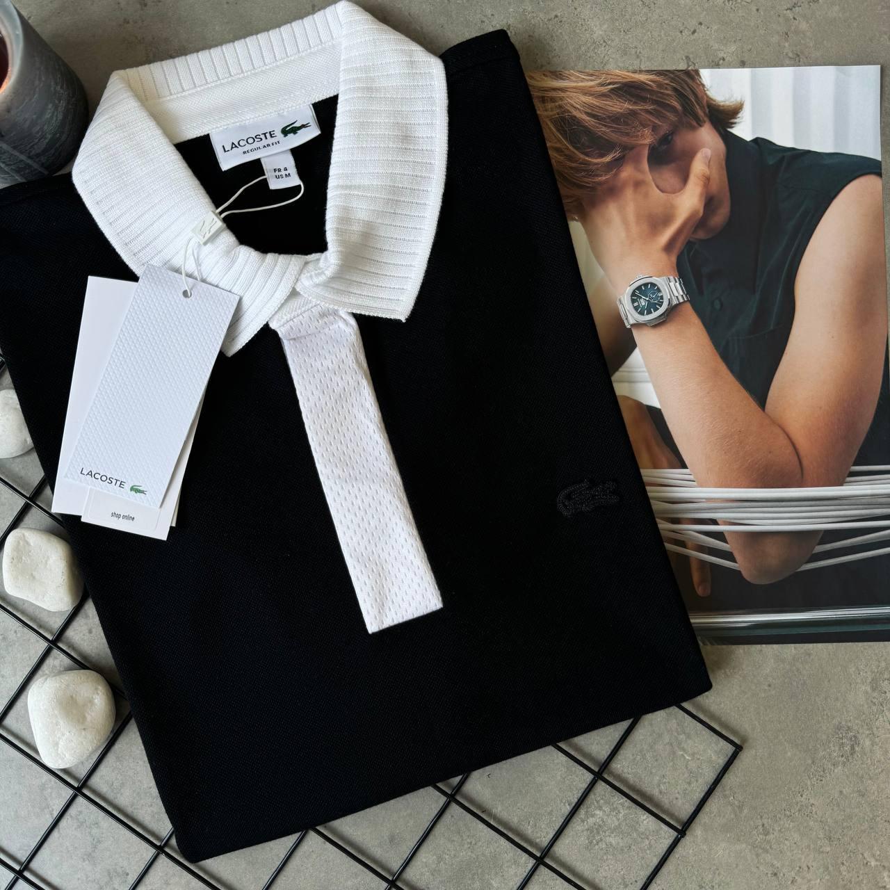 Мужское черное поло Lacoste брендовая футболка с воротником Ласкосте стильная рубашка коротким рукавом, фото №3