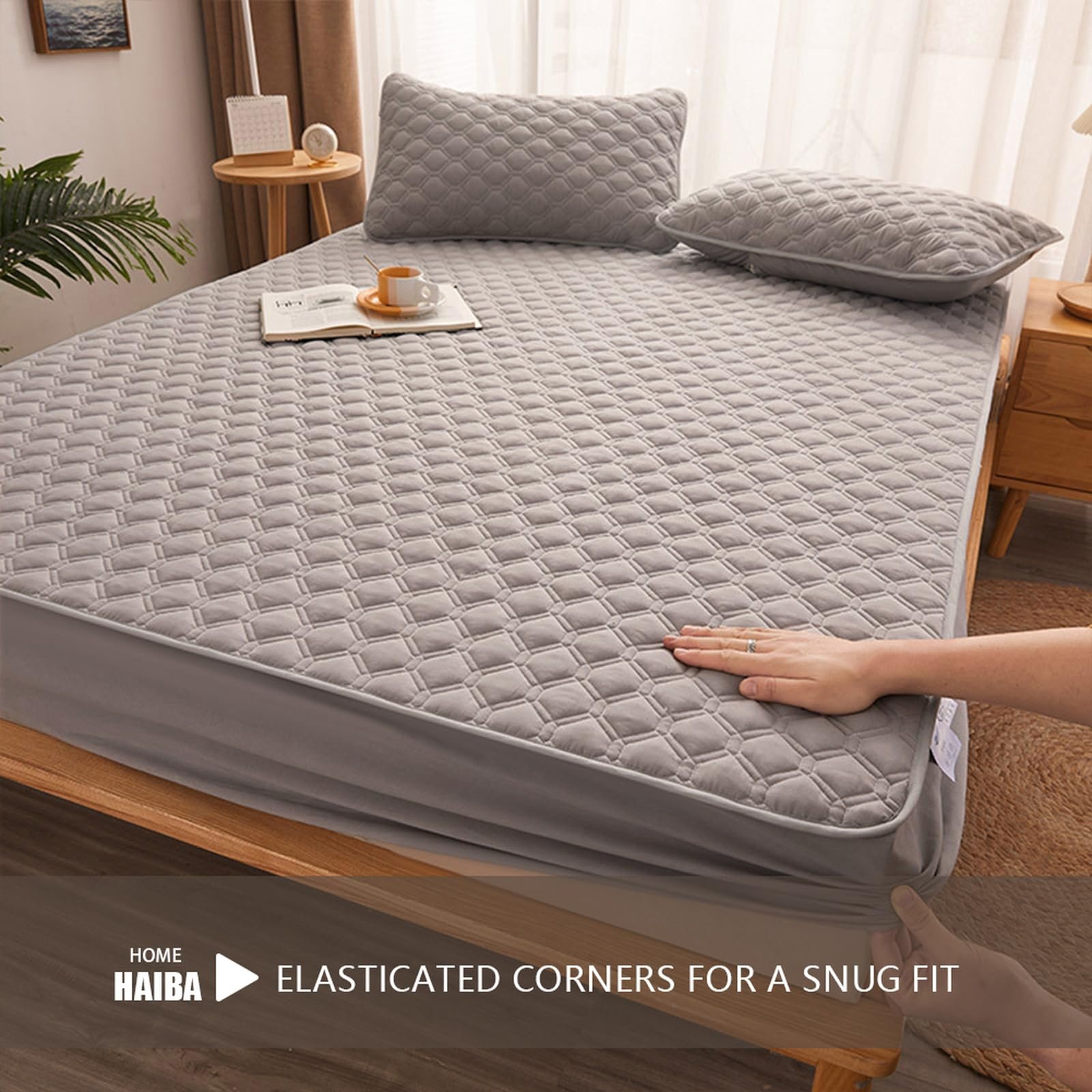 Наматрасник HAIBA 200 x 200 см Светло-серый стеганый натяжной лист до 30 см высоты матраса из микрофибры, фото №3