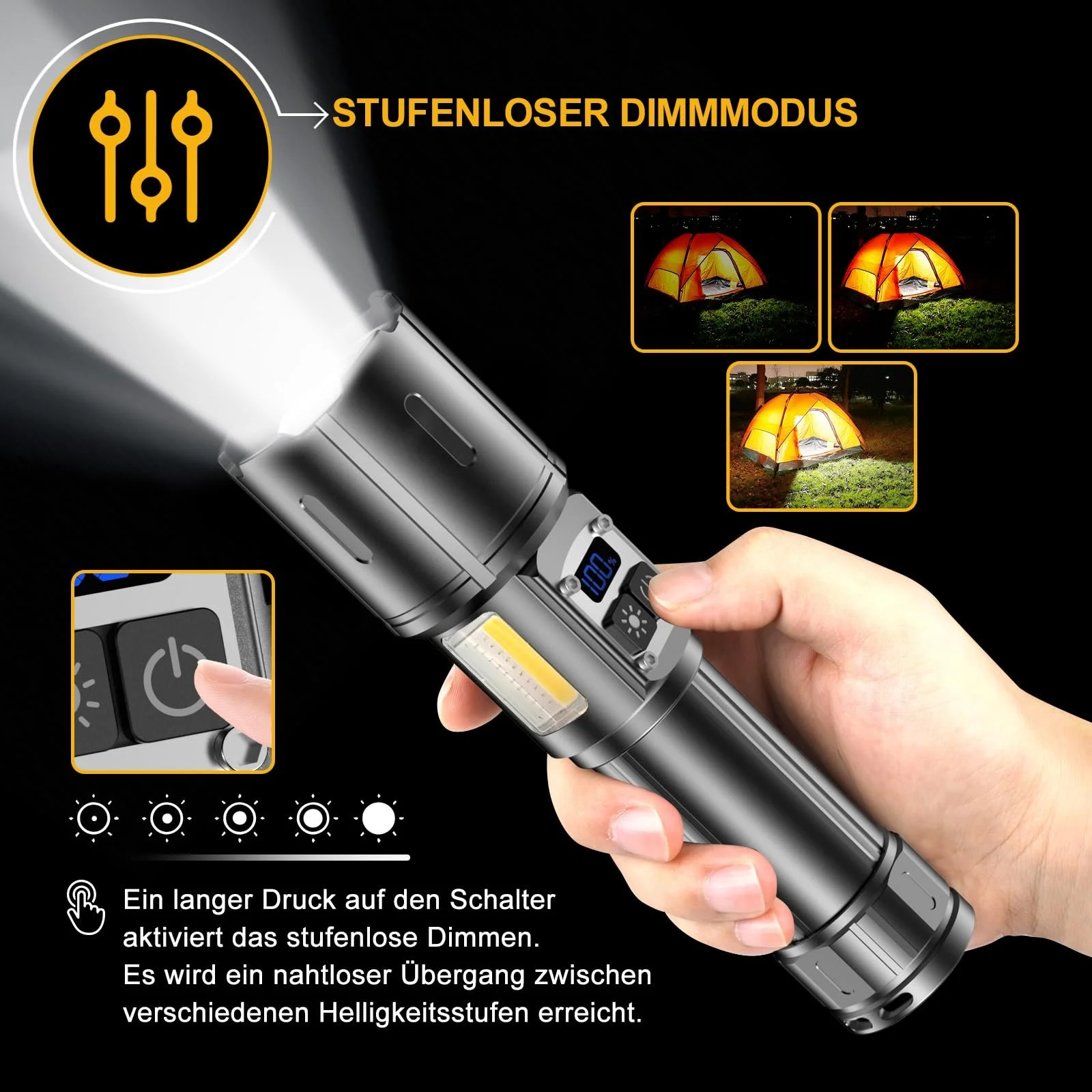 Світлодіодний ліхтар BEYSTE LC223 500 000 люмен тактичний акумуляторний USB 9 режимів з COB боковим світлом плавне регулювання яскравості для кемпінгу, фото №4