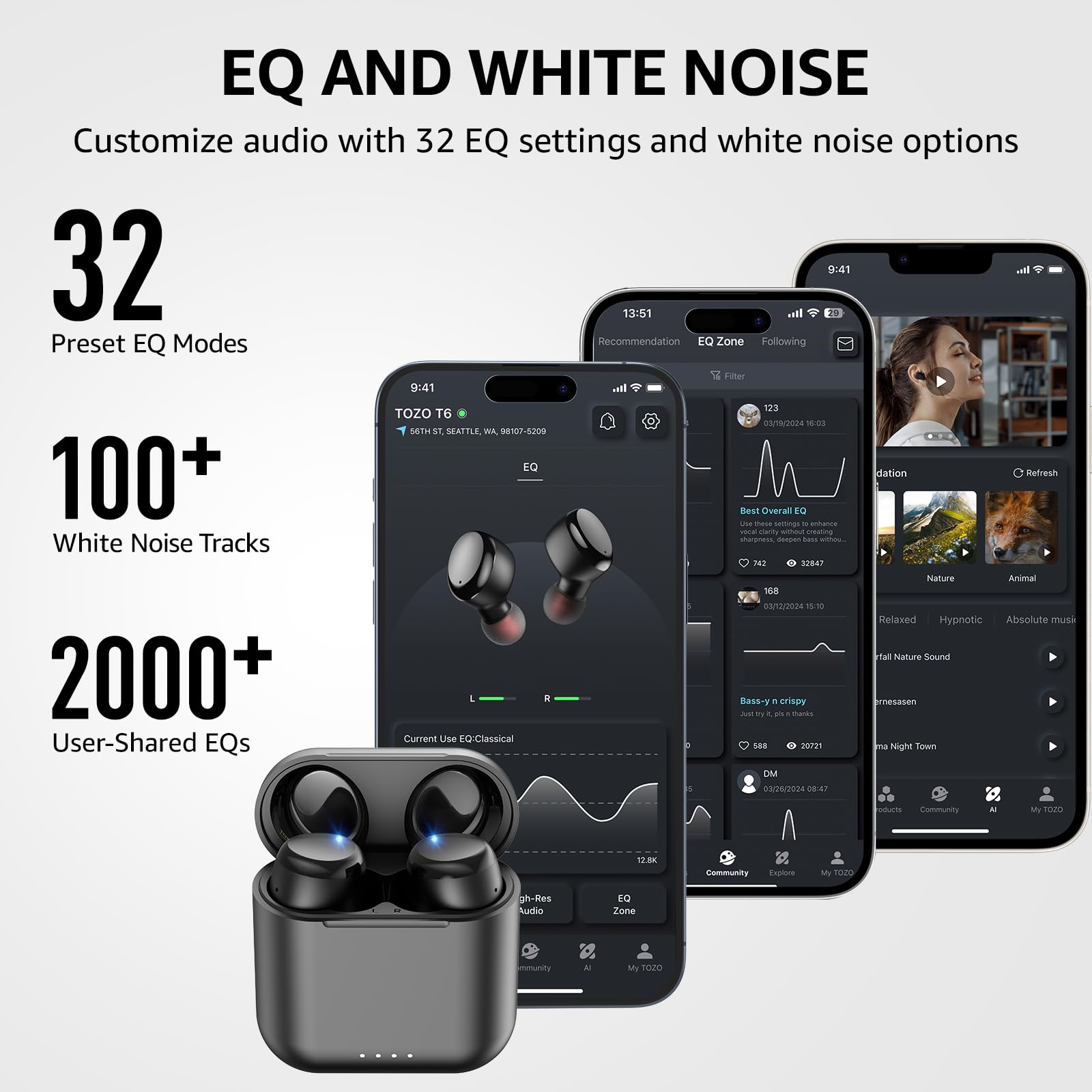 Наушники TOZO T6 Mini Bluetooth, Bluetooth 5.3, Эргономичная Внутриканальная Гарнитура, 50 Часов Воспроизведения с Беспроводным Зарядным Чехлом, EQ Регулируемый через Приложение, Водонепроницаемые IPX8, Обновленная Версия, Черный, фото №3