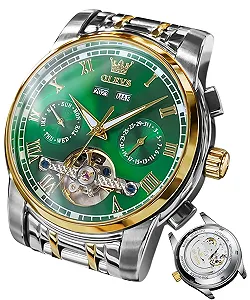 Мужские Часы OLEVS Автоматические Золотые Черные Механические с Турбийоном Календарь Водонепроницаемые Люминесцентные Двухцветные - Фото 1