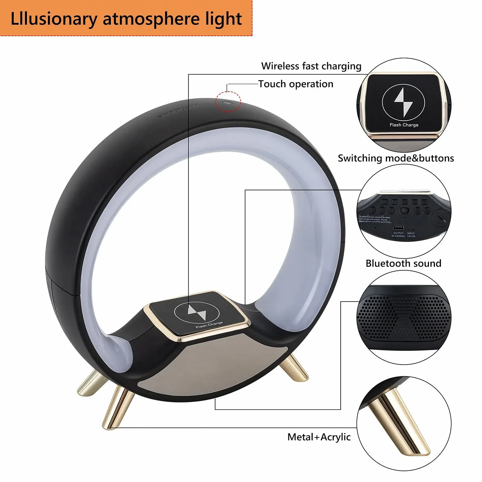 Настільна лампа нічник акумуляторна USB з Bluetooth-колонкою та будильником LED, фото №5