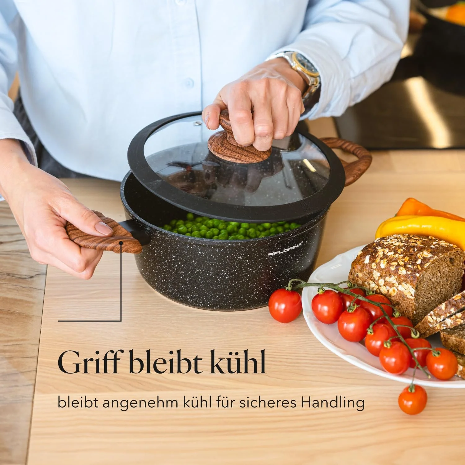 Кастрюля FLORINA Master Black Алюминий 24 см 4 л с антипригарным покрытием для всех типов плит, включая индукционные, эргономичная ручка Soft Touch, крышка с силиконовым ободком, термостойкая, легко моется, фото №7 Кастрюля FLORINA Master Black Алюминий 24 см 4 л с антипригарным покрытием для всех типов плит, включая индукционные, эргономичная ручка Soft Touch, крышка с силиконовым ободком, термостойкая, легко моется, фото №7