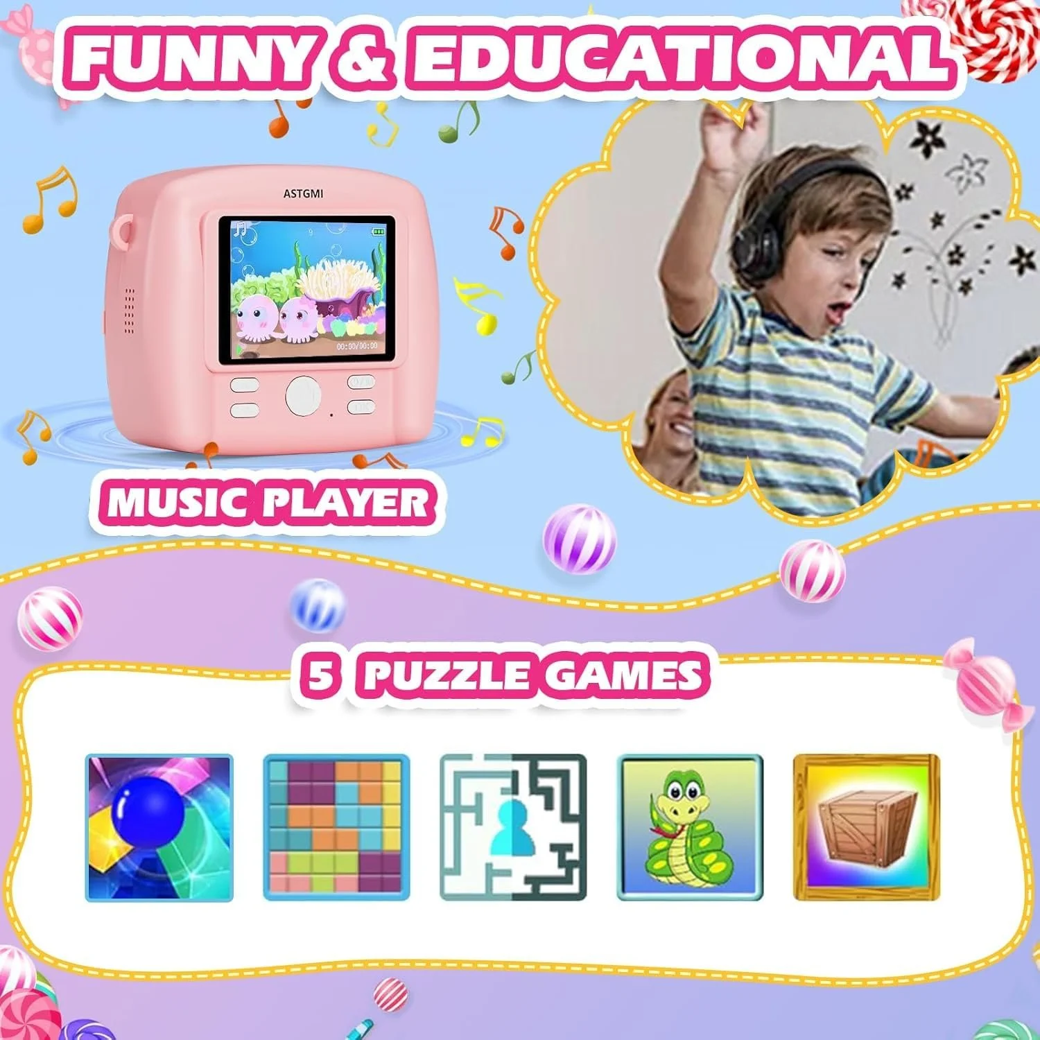 Фотокамера мгновенной печати Children's Camera 1080P HD 2.4 дюйма IPS 3 рулона бумаги 32G SD, фото №4