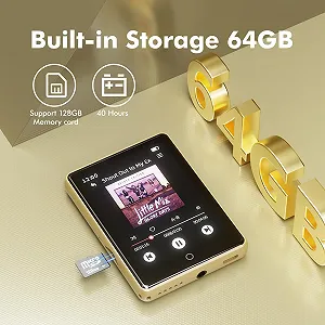 MP3 плеєр Bluetooth 5.3 з динаміком 64 ГБ, 2.8-дюймовий дисплей, Hi-Fi звук, FM-радіо, спортивний крокомір, підтримка карт пам'яті до 128 ГБ Золотий synthetic.ua - Фото 1