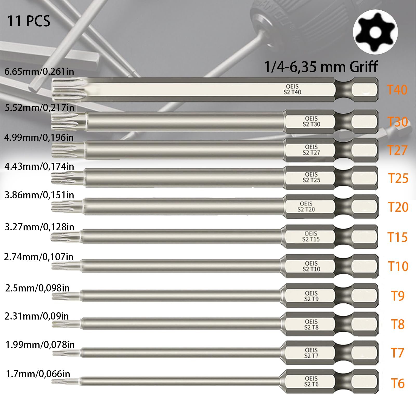 Набір викруток Mikqky 11 Torx Long 100 мм 1/4 дюйма 1.7-6.65 мм (T6, T7, T8, T9, T10, T15, T20, T25, T27, T30, T40) Магнітний, фото №2 Набір викруток Mikqky 11 Torx Long 100 мм 1/4 дюйма 1.7-6.65 мм (T6, T7, T8, T9, T10, T15, T20, T25, T27, T30, T40) Магнітний, фото №2