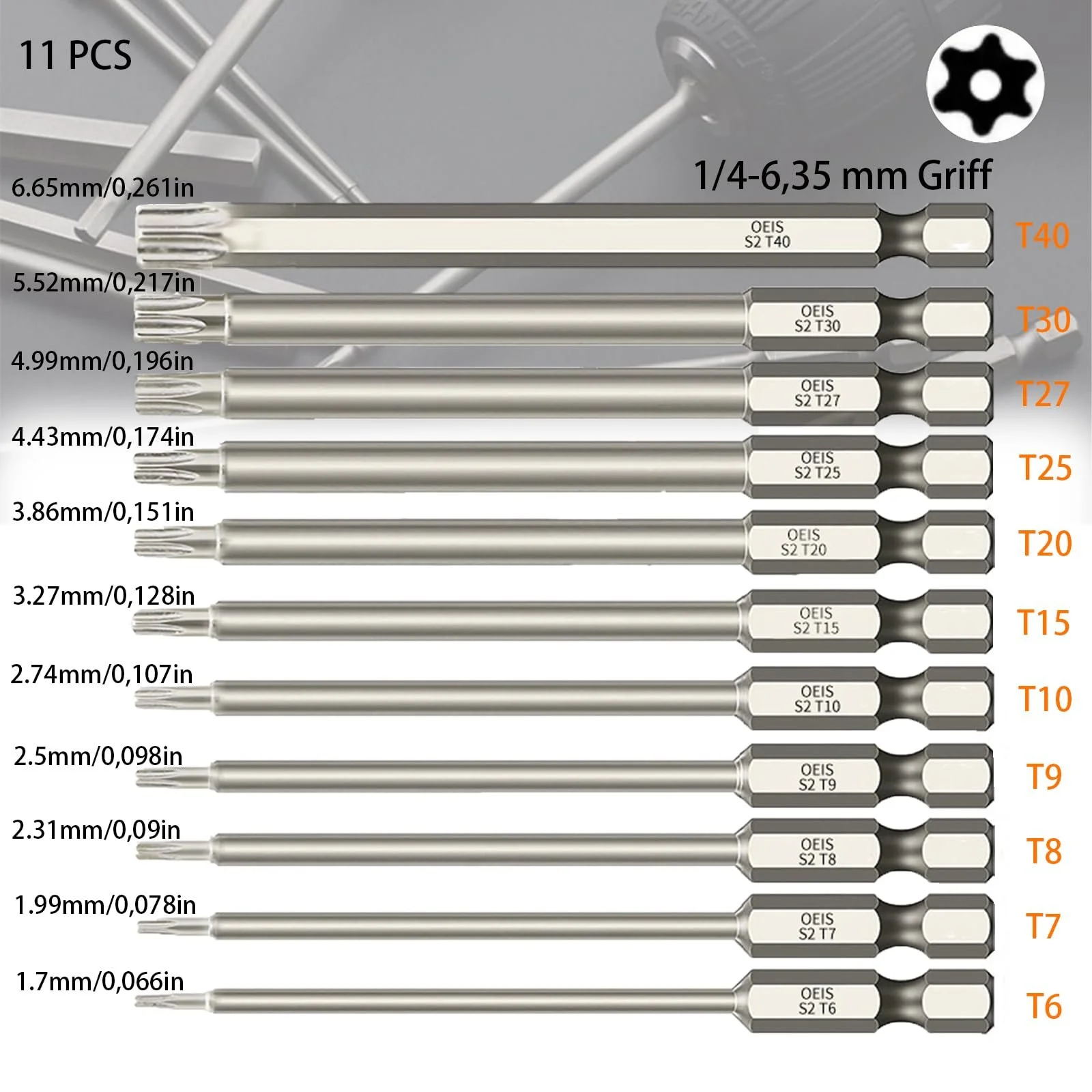 Набор отверток Mikqky 11 Torx Long 100 мм 1/4 дюйма 1.7-6.65 мм (T6, T7, T8, T9, T10, T15, T20, T25, T27, T30, T40) Магнитный, фото №2