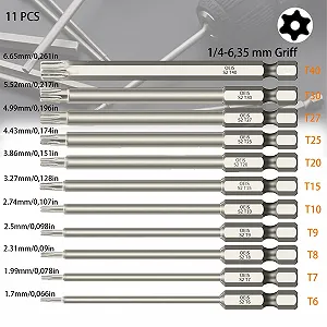 Набор отверток Mikqky 11 Torx Long 100 мм 1/4 дюйма 1.7-6.65 мм (T6, T7, T8, T9, T10, T15, T20, T25, T27, T30, T40) Магнитный synthetic.ua - Фото 1