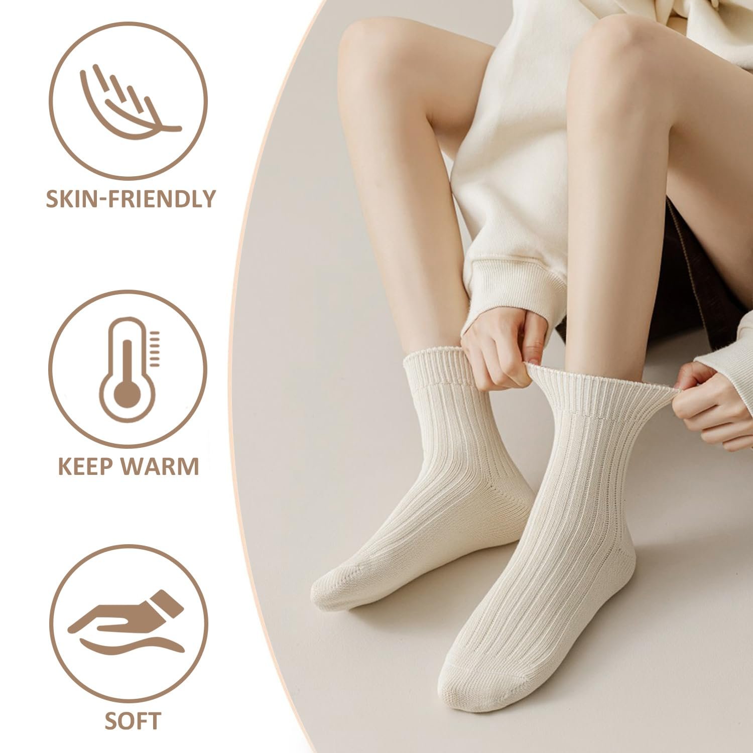 3 пары теплых носков до икры, однотонные носки, повседневные носки для женщин, вязаные круглые носки из хлопка, влагопоглощающие и дышащие спортивные носки, молочно-белые, фото №6