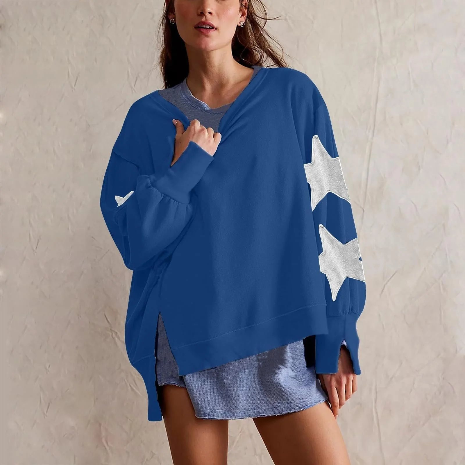 Женский свитшот 2025 Зимняя домашняя одежда Oversized Круглый вырез Полосатые звезды Длинный рукав Боковой разрез Пуловер Свитшот Девушки-подростки Эстетичный Легкий Спортивный комплект, фото №2