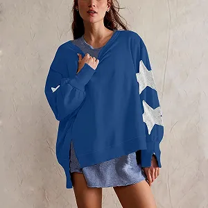 Женский свитшот 2025 Зимняя домашняя одежда Oversized Круглый вырез Полосатые звезды Длинный рукав Боковой разрез Пуловер Свитшот Девушки-подростки Эстетичный Легкий Спортивный комплект synthetic.ua - Фото 1