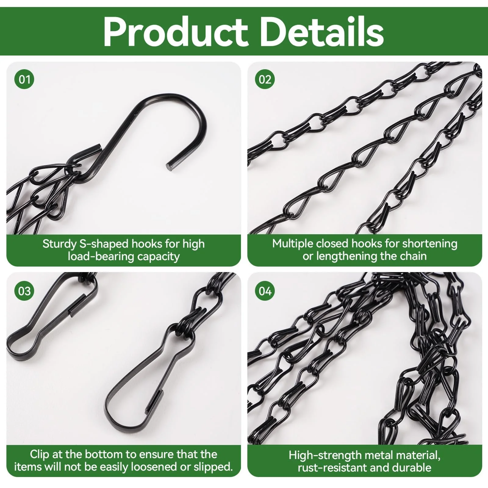 Набір ланцюгів для підвісних кошиків 4 шт. 40 см металеві з S-подібними гачками Чорний, фото №3 Набір ланцюгів для підвісних кошиків 4 шт. 40 см металеві з S-подібними гачками Чорний, фото №3