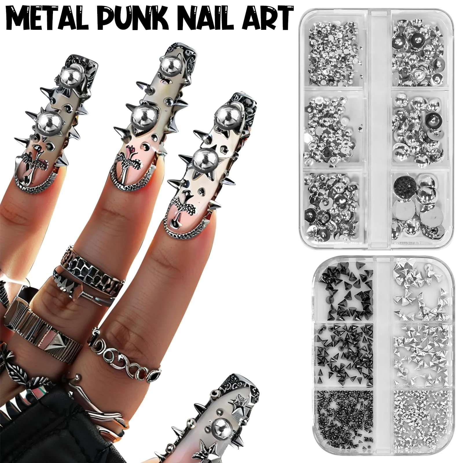 3D Металеві панк прикраси для нігтів, конуси, шипи, кульки, 2 коробки, фото №3