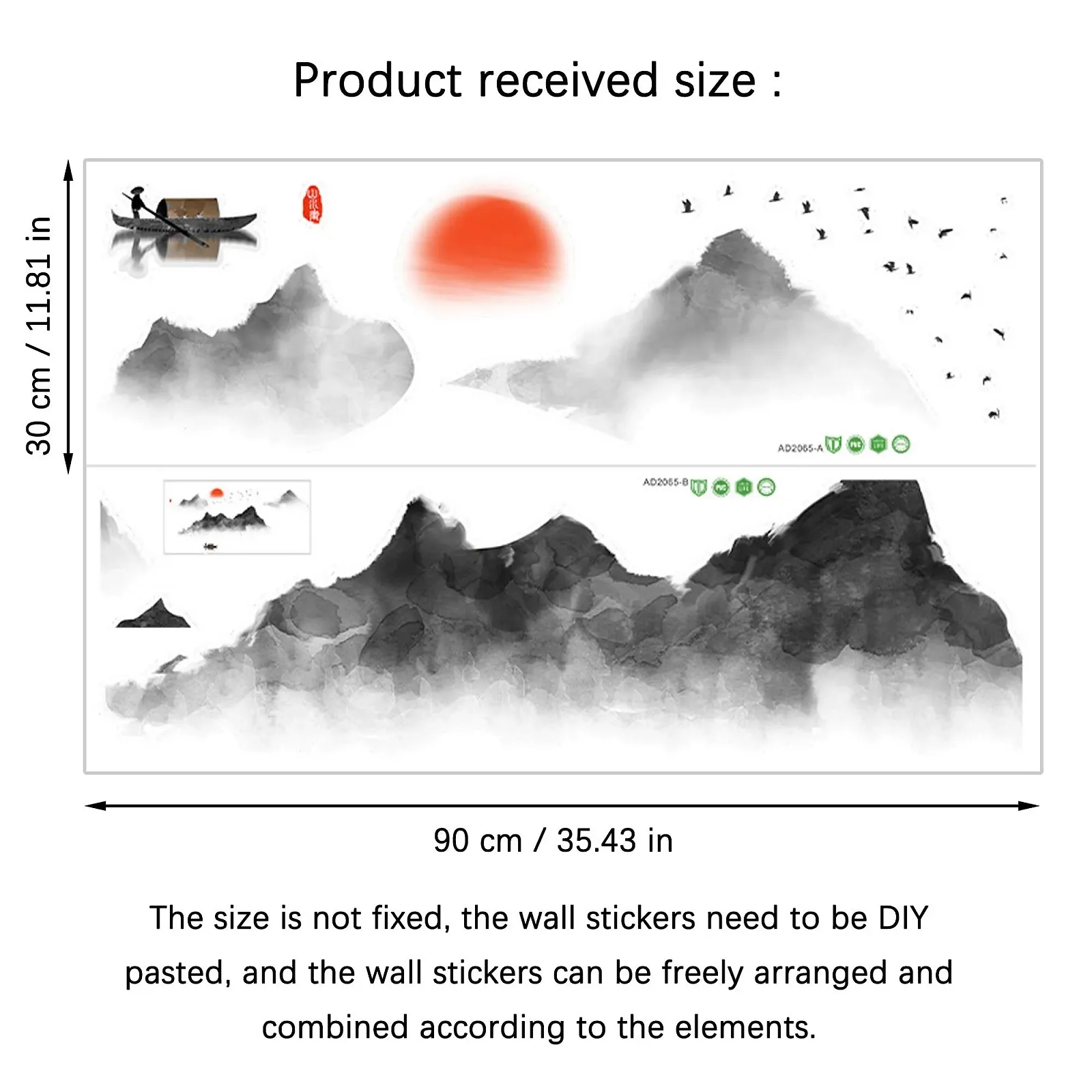 Наклейка на стену duoyif Mountains Silhouette Rivers Birds Moon Fishing Boat 144 x 72 см Черный, фото №3
