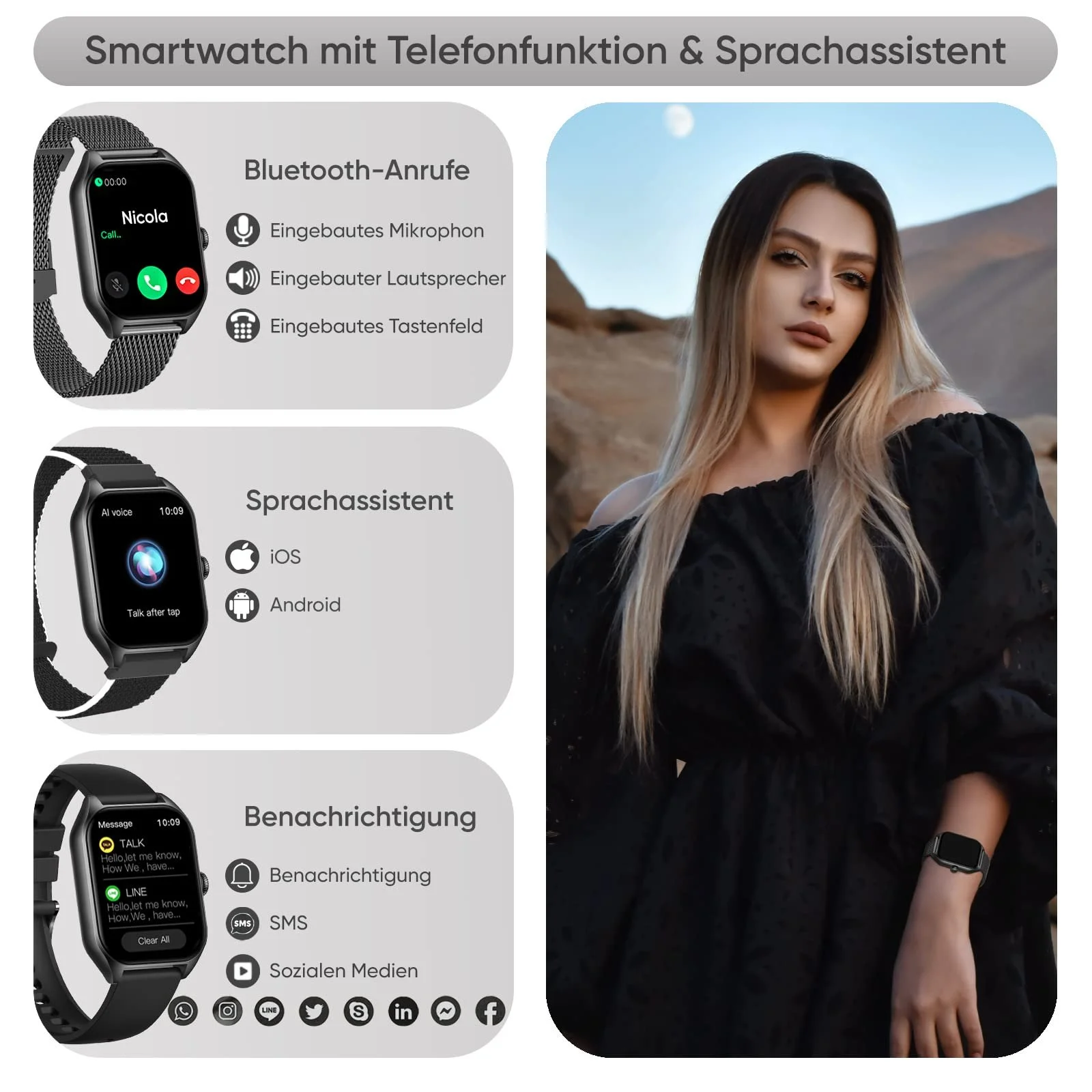 Смартгодинник жіночий з функцією телефону Android 1.85 дюймів, фото №3