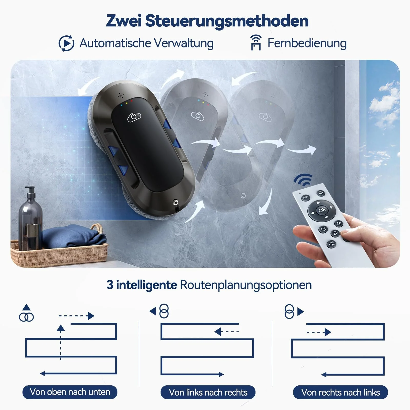 Робот для миття вікон з подвійним розпилювачем 6000Pa Electric Window Robot, дистанційне керування, 3 режими очищення, виявлення країв, інтелектуальна навігація, система безпеки, для гладких поверхонь, фото №4