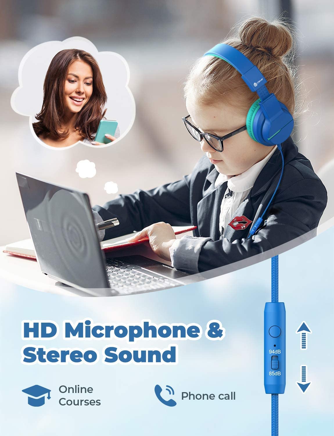 Дитячі навушники iClever HS19 Накладні HD стерео з мікрофоном Обмеження гучності 85/94 дБ Функція спільного використання Складні, фото №2